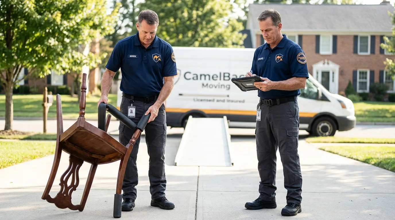 Movers inspecting furniture for damage prevention before loading in New Cumberland, WV