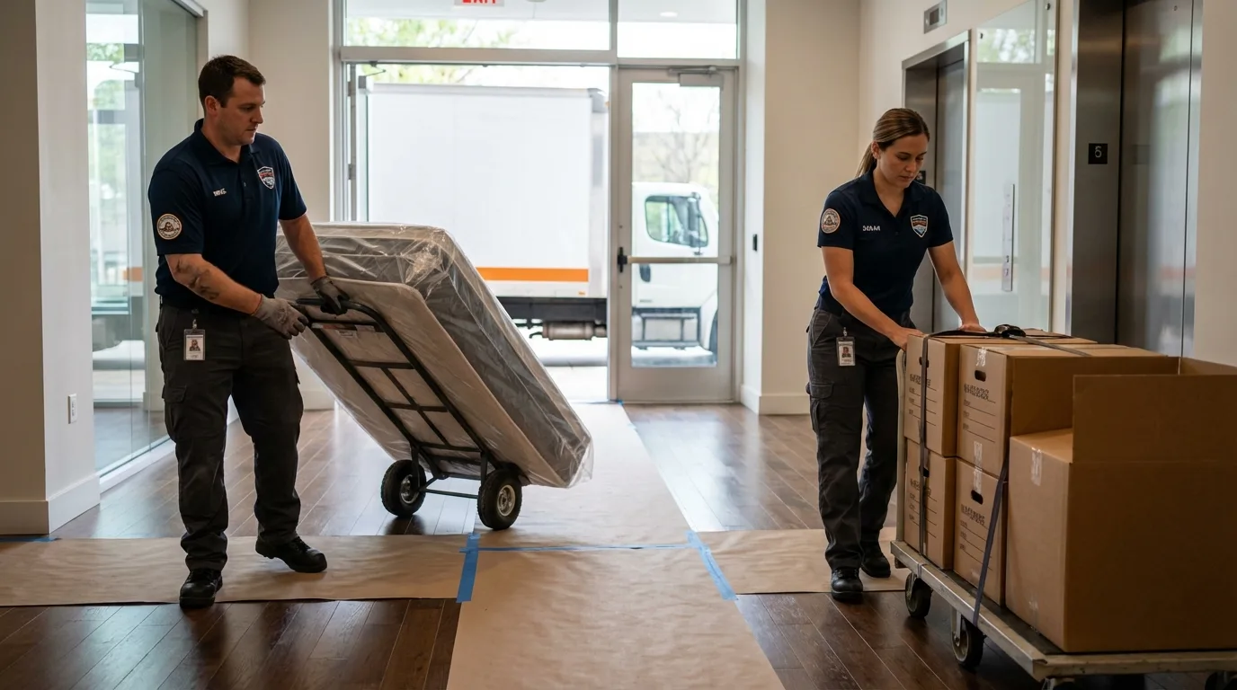 Professional apartment movers loading elevator in New Cumberland, WV
