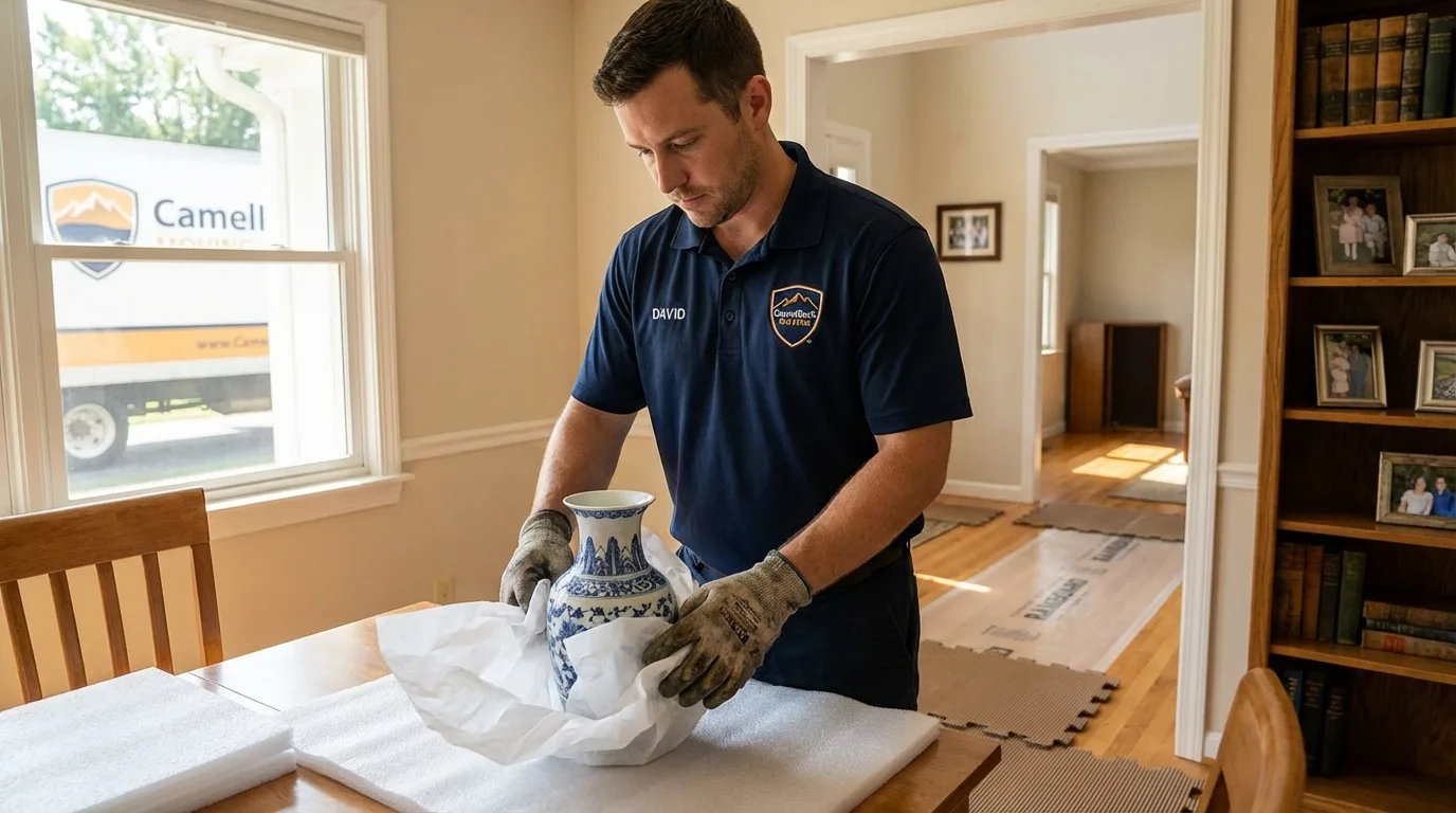 Professional crew carefully wrapping antique vase for senior downsizing move in New Cumberland, WV